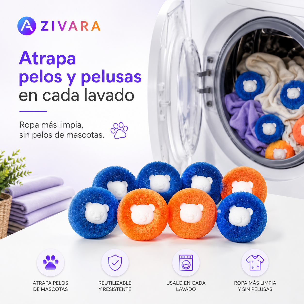 8 Bolas de esponja saca pelusas y pelos para lavadora