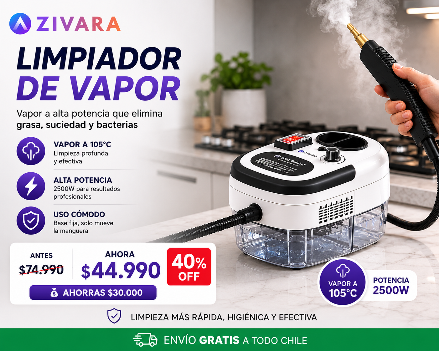 💨 Limpiador a vapor portátil de 2500w